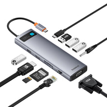 Заредете изображение във визуализатора на галерията – HUB 11in1 Baseus Metal Gleam Series USB-C to USB-C PD / 3x USB-A 3.0 / USB-A 2.0 / HDMI / VGA / AUX / RJ-45 / SD TF - gray
