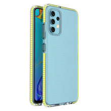Заредете изображение във визуализатора на галерията – Spring Case clear TPU gel protective cover with colorful frame for Samsung Galaxy A32 4G yellow - TopMag

