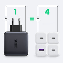 Заредете изображение във визуализатора на галерията – Ugreen GaN fast charger 3x USB Type C / USB Power Delivery 3.0 QuickCharge 4+ FCP SCP AFC 100W EU black (CD226 40747) - TopMag
