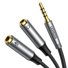 Заредете изображение във визуализатора на галерията – Ugreen AUX splitter for headphones and microphone 1 x male 3.5mm, 2 x female 3.5mm 20cm black (AV192 50254) - TopMag
