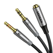 Заредете изображение във визуализатора на галерията – Ugreen AUX splitter cable 3.5 mm mini jack (female) - 2x 3.5 mm mini jack (male - microphone and headphones) silver (AV193 50255) - TopMag
