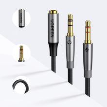 Заредете изображение във визуализатора на галерията – Ugreen AUX splitter cable 3.5 mm mini jack (female) - 2x 3.5 mm mini jack (male - microphone and headphones) silver (AV193 50255) - TopMag
