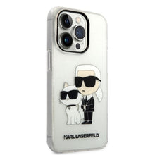 Заредете изображение във визуализатора на галерията – Original Pouch KARL LAGERFELD Gliter Karl&amp;Choupette KLHCP14XHNKCTGT for Iphone 14 Pro Max transparent
