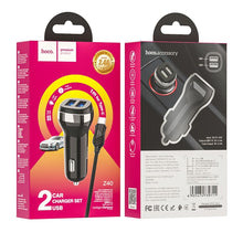 Заредете изображение във визуализатора на галерията – HOCO car charger 2x USB A + cable USB A to Type C 2,4A Z40 black
