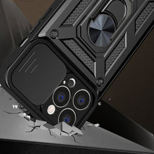 Заредете изображение във визуализатора на галерията – Hybrid Armor Camshield case for iPhone 14 Pro Max armored case with camera cover black
