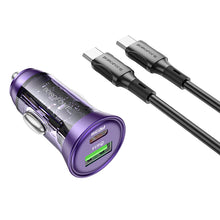 Заредете изображение във визуализатора на галерията – Borofone Car charger BZ26A Shadow - USB + Type C - PD 43W 3A with Type C to Type C cable transparent-purple
