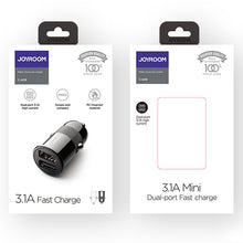 Заредете изображение във визуализатора на галерията – Joyroom 3,1 A dual port smart car charger black (C-A06) - TopMag
