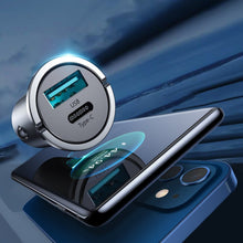 Заредете изображение във визуализатора на галерията – Joyroom mini dual port USB Type C / USB 45 W 5 A smart car charger Power Delivery Quick Charge 3.0 AFC SCP gray (C-A35) - TopMag
