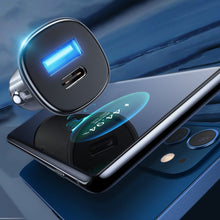 Заредете изображение във визуализатора на галерията – Joyroom mini dual port USB Type C / USB 38 W 3 A smart car charger Power Delivery Quick Charge 3.0 AFC SCP gray (C-A42) - TopMag
