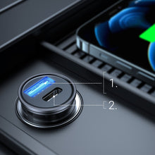 Заредете изображение във визуализатора на галерията – Joyroom mini dual port USB Type C / USB 20 W 3 A smart car charger Power Delivery Quick Charge 3.0 AFC SCP gray (C-A43) - TopMag

