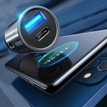 Заредете изображение във визуализатора на галерията – Joyroom mini dual port USB Type C / USB 20 W 3 A smart car charger Power Delivery Quick Charge 3.0 AFC SCP gray (C-A43) - TopMag
