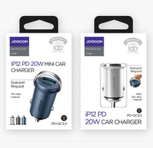 Заредете изображение във визуализатора на галерията – Joyroom mini dual port USB Type C / USB 20 W 5 A smart car charger Power Delivery Quick Charge 3.0 AFC SCP blue (C-A45) - TopMag
