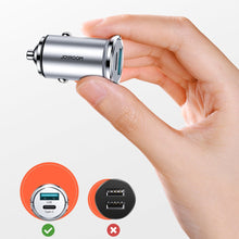 Заредете изображение във визуализатора на галерията – Joyroom mini dual port USB Type C / USB 20 W 5 A smart car charger Power Delivery Quick Charge 3.0 AFC SCP gray (C-A45) - TopMag
