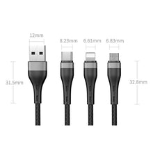 Заредете изображение във визуализатора на галерията – Proda Quark pro 3in1 USB cable - Lightning / USB Type C / micro USB 5A 1.2m black (PD-B59th) - TopMag
