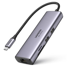 Заредете изображение във визуализатора на галерията – Ugreen 7in1 multi-functional HUB USB Type C - 2x USB 3.2 Gen 1 / HDMI 4K 60Hz / SD and TF card reader / USB Type C PD 100W / RJ45 1000Mbps (1Gbps) gray (60515 CM512) - TopMag
