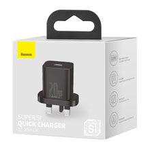 Заредете изображение във визуализатора на галерията – Baseus Super Si 1C fast wall charger USB Type C 20W UK Power Delivery black (CCSUP-K01) - TopMag
