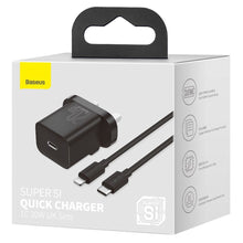 Заредете изображение във визуализатора на галерията – Baseus Super Si Quick Charger 1C 20W UK Sets Black（With Superior Series Fast Charging Data Cable Type-C to iP PD 20W 1m Black) - TopMag
