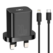 Заредете изображение във визуализатора на галерията – Baseus Super Si Quick Charger 1C 20W UK Sets Black（With Superior Series Fast Charging Data Cable Type-C to iP PD 20W 1m Black) - TopMag
