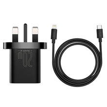 Заредете изображение във визуализатора на галерията – Baseus Super Si Quick Charger 1C 20W UK Sets Black（With Superior Series Fast Charging Data Cable Type-C to iP PD 20W 1m Black) - TopMag
