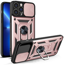 Заредете изображение във визуализатора на галерията – Hybrid Armor Camshield case for iPhone 13 Pro armored case with camera cover pink
