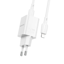 Заредете изображение във визуализатора на галерията – Borofone Wall charger BN14 Royal GaN - USB + Type C - QC 3.0 PD 30W with Type C to Lightning cable white
