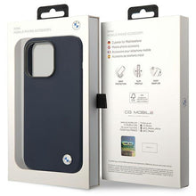 Заредете изображение във визуализатора на галерията – Case BMW BMHMP14LSILNA iPhone 14 Pro 6.1" navy blue/navy Silicone Metal Logo MagSafe
