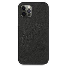 Заредете изображение във визуализатора на галерията – Guess GUHCP12LRSAVSBK iPhone 12 Pro Max 6,7" czarny/black hardcase Saffiano Vintage Script - TopMag
