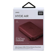 Заредете изображение във визуализатора на галерията – UNIQ Powerbank indukcyjny Hyde Air 10000mAh USB-C 18W PD Fast Wireless bordowy/maroon - TopMag
