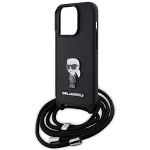 Заредете изображение във визуализатора на галерията – Original Pouch KARL LAGERFELD hardcase Crossbody Saffiano Monogram Metal Pin Karl&amp;Choupette KLHCP15LSASKNPSK for Iphone 15 Pro Black

