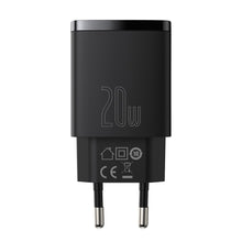 Заредете изображение във визуализатора на галерията – Baseus Compact Fast USB / USB Type C Charger 20W 3A Power Delivery Quick Charge 3.0 black (CCXJ-B01) - TopMag
