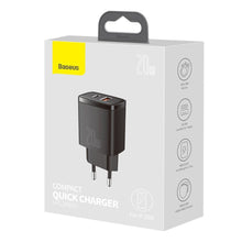 Заредете изображение във визуализатора на галерията – Baseus Compact Fast USB / USB Type C Charger 20W 3A Power Delivery Quick Charge 3.0 black (CCXJ-B01) - TopMag
