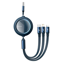 Заредете изображение във визуализатора на галерията – Baseus Bright Mirror retractable cable 3in1 USB - micro USB / USB Type C / Lightning 66W 1.2m blue (CAMLC-MJ03) - TopMag
