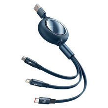 Заредете изображение във визуализатора на галерията – Baseus Bright Mirror retractable cable 3in1 USB - micro USB / USB Type C / Lightning 66W 1.2m blue (CAMLC-MJ03) - TopMag
