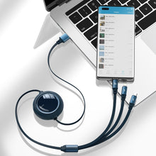 Заредете изображение във визуализатора на галерията – Baseus Bright Mirror retractable cable 3in1 USB - micro USB / USB Type C / Lightning 66W 1.2m blue (CAMLC-MJ03) - TopMag
