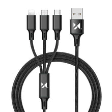 Заредете изображение във визуализатора на галерията – Wozinsky cable 3w1 USB - USB Typ C/ micro USB/ Lightning 2,8A 1,25m black - TopMag
