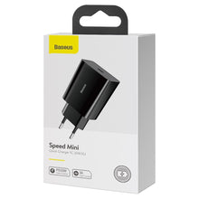 Заредете изображение във визуализатора на галерията – Baseus Speed Mini fast wall charger EU USB Type C 20W 3A Power Delivery Quick Charge black (CCFS-SN01) - TopMag

