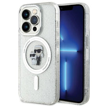 Заредете изображение във визуализатора на галерията – Original Pouch KARL LAGERFELD hardcase Karl&amp;Choupette Glitter MagSafe KLHMP15LHGKCNOT for Iphone 15 Pro transparent

