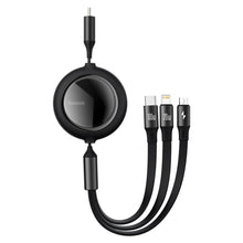 Заредете изображение във визуализатора на галерията – Baseus Bright Mirror 3in1 Retractable Data Cable USB Type C - micro USB / USB Typ C / Lightning Power Delivery 100W 1,2m black (CAMLC-AMJ01) - TopMag
