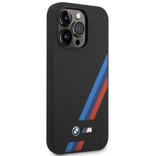 Заредете изображение във визуализатора на галерията – Case BMW BMHMP14L22SOTK iPhone 14 Pro 6.1" black/black Silicone Slanted Sttripes MagSafe
