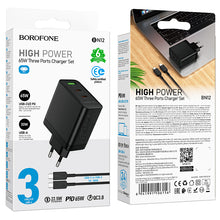 Заредете изображение във визуализатора на галерията – Borofone Wall charger BN12 Manager - USB + 2xType C - PD 65W 3A with Type C to Type C cable black
