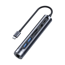 Заредете изображение във визуализатора на галерията – Joyroom Multifunctional USB Hub 7in1 Type C / 2 x USB 3.0 / HDMI 4K 30Hz / RJ-45 / SD Card Reader and Micro SD 100W 15cm gray (S-H111) - TopMag
