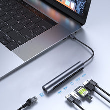 Заредете изображение във визуализатора на галерията – Joyroom Multifunctional USB Hub 7in1 Type C / 2 x USB 3.0 / HDMI 4K 30Hz / RJ-45 / SD Card Reader and Micro SD 100W 15cm gray (S-H111) - TopMag

