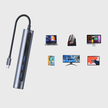 Заредете изображение във визуализатора на галерията – Joyroom Multifunctional USB Hub 7in1 Type C / 3x USB 3.0 / HDMI 4K 30Hz / SD Card Reader and Micro SD 100W 15cm gray (S-H112) - TopMag
