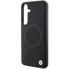 Заредете изображение във визуализатора на галерията – Original Case BMW hardcase Signature Leather Half Textured &amp; Circle MagSafe BMHMS24M23RTPK for Samsung Galaxy S24 Plus Black
