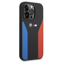 Заредете изображение във визуализатора на галерията – BMW Silicone Blue&amp;Red Stripes M Collection case for iPhone 15 Pro Max - black
