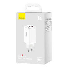 Заредете изображение във визуализатора на галерията – GaN 2xUSB C 1xUSB 65W fast charger Baseus GaN5 Pro + USB C - USB C 100W cable - white
