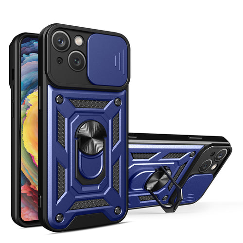 Hybrid Armor Camshield case for iPhone 14 armored case with camera cover blue