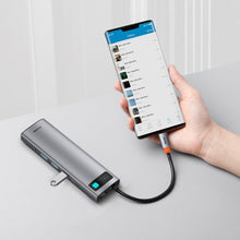Заредете изображение във визуализатора на галерията – Baseus Metal Gleam 11in1 multifunctional HUB USB Type C - 3x USB 3.2 Gen 1 5Gbps / USB Type C PD 100W / 3,5 mm mini jack AUX / VGA Full HD 60Hz / 2x HDMI 4K 30Hz / TF and SD card reader / RJ45 1Gbps gray (CAHUB-CT0G) - TopMag
