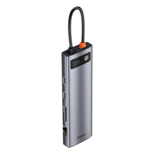 Заредете изображение във визуализатора на галерията – Baseus Metal Gleam 11in1 multifunctional HUB USB Type C - 3x USB 3.2 Gen 1 5Gbps / USB Type C PD 100W / 3,5 mm mini jack AUX / VGA Full HD 60Hz / 2x HDMI 4K 30Hz / TF and SD card reader / RJ45 1Gbps gray (CAHUB-CT0G) - TopMag
