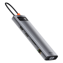 Заредете изображение във визуализатора на галерията – Baseus Metal Gleam 11in1 multifunctional HUB USB Type C - 3x USB 3.2 Gen 1 5Gbps / USB Type C PD 100W / 3,5 mm mini jack AUX / VGA Full HD 60Hz / 2x HDMI 4K 30Hz / TF and SD card reader / RJ45 1Gbps gray (CAHUB-CT0G) - TopMag
